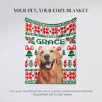 Personalized Christmas ugly sweater custom dog blanket with a dog's photo and 'GRACE' text on a decorative border.