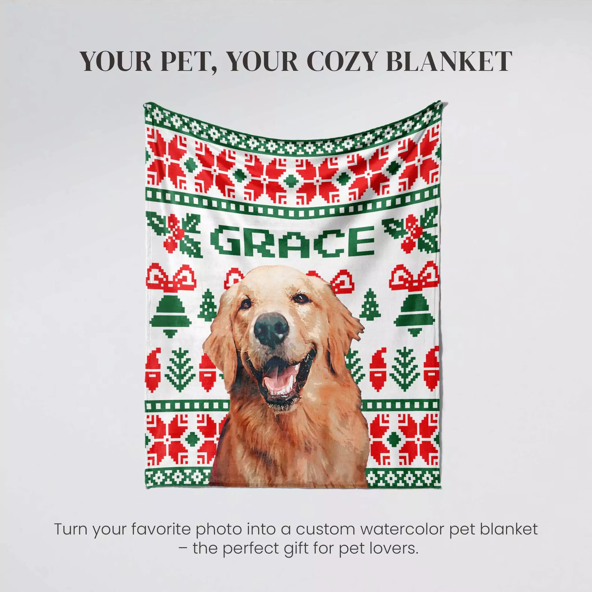Personalized Christmas ugly sweater custom dog blanket with a dog's photo and 'GRACE' text on a decorative border.