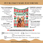 Christmas ugly sweater custom dog blanket with a dog's face printed on it, featuring customization options and product details.
