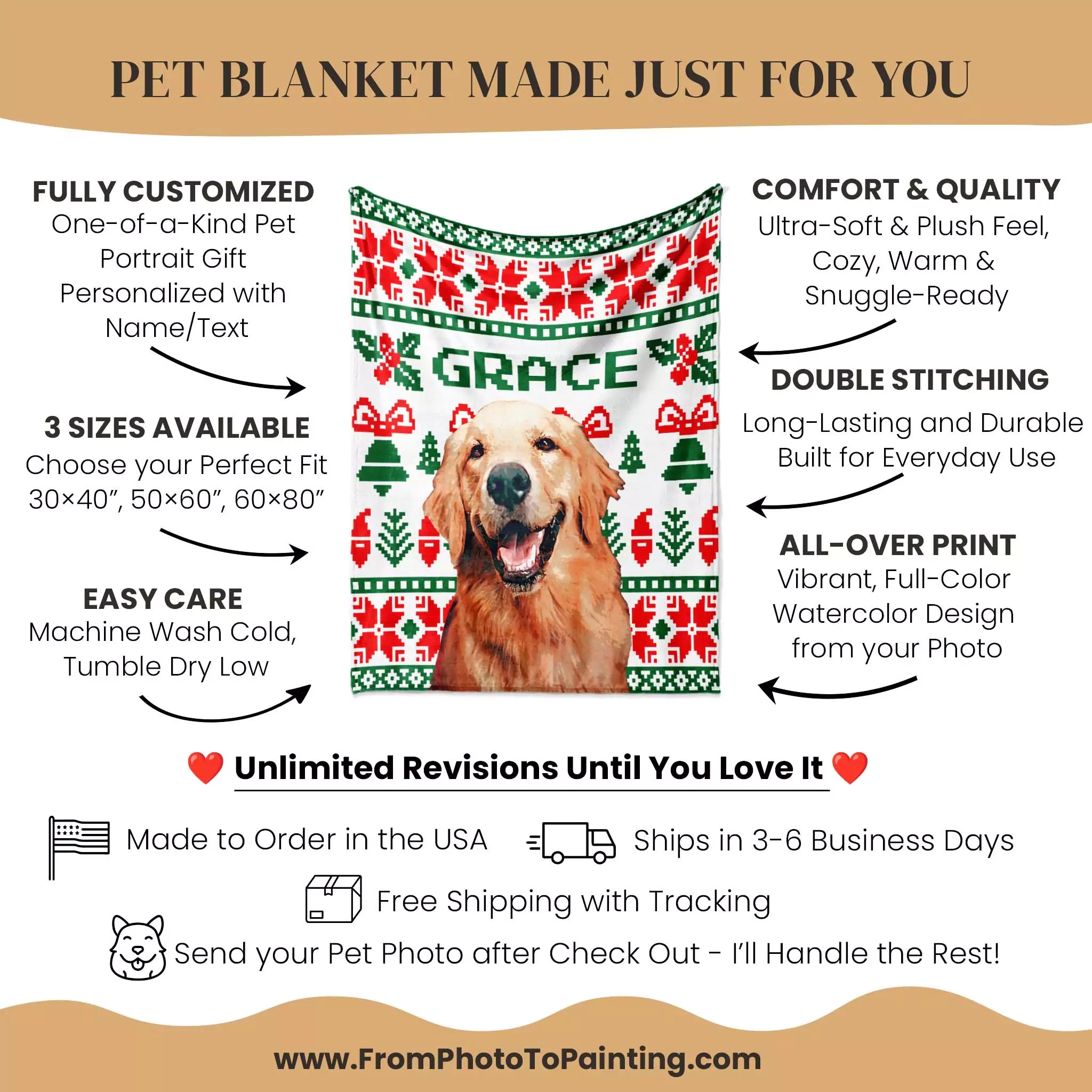 Christmas ugly sweater custom dog blanket with a dog's face printed on it, featuring customization options and product details.
