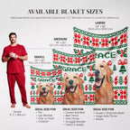Christmas ugly sweater custom dog blanket with size chart and dog images on a white background