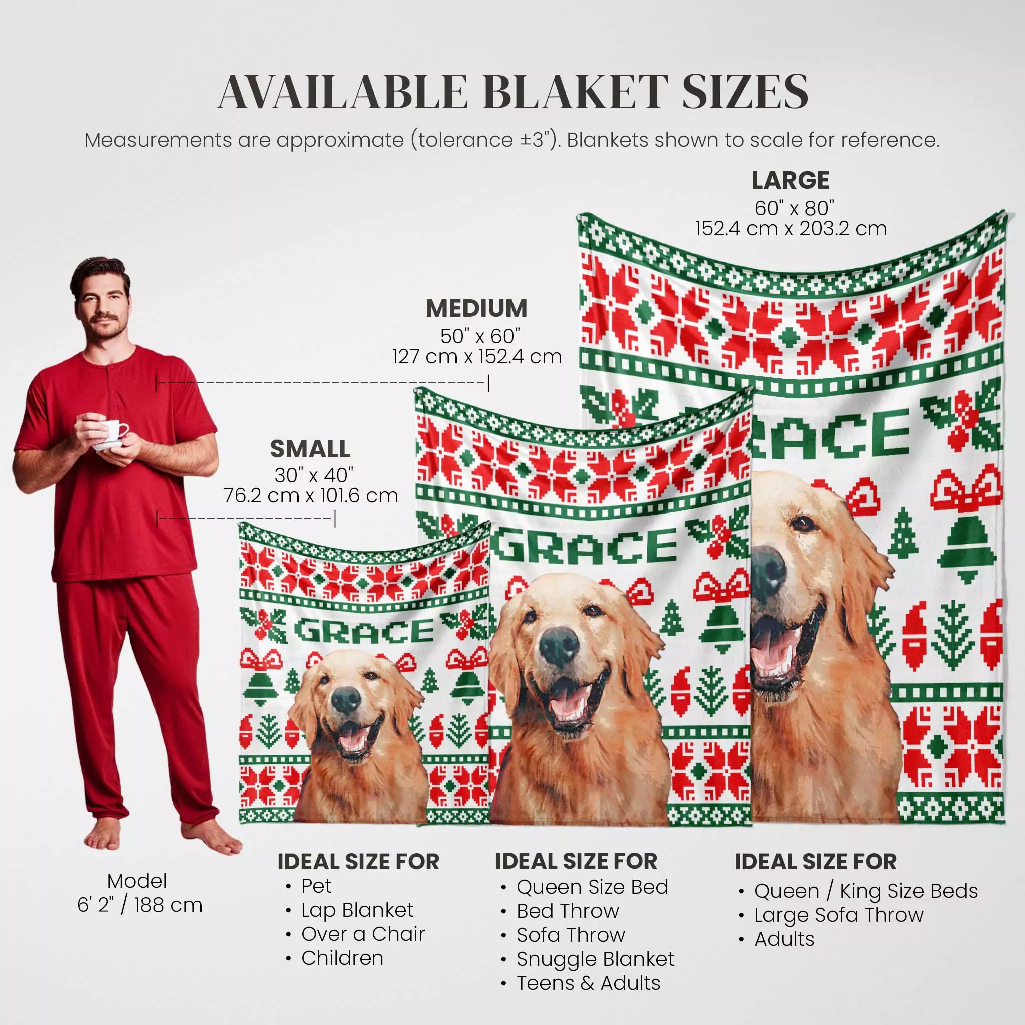 Christmas ugly sweater custom dog blanket with size chart and dog images on a white background