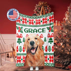 Christmas ugly sweater custom dog blanket on a Christmas-themed blanket with 'GRACE' printed on it, in a festive room.