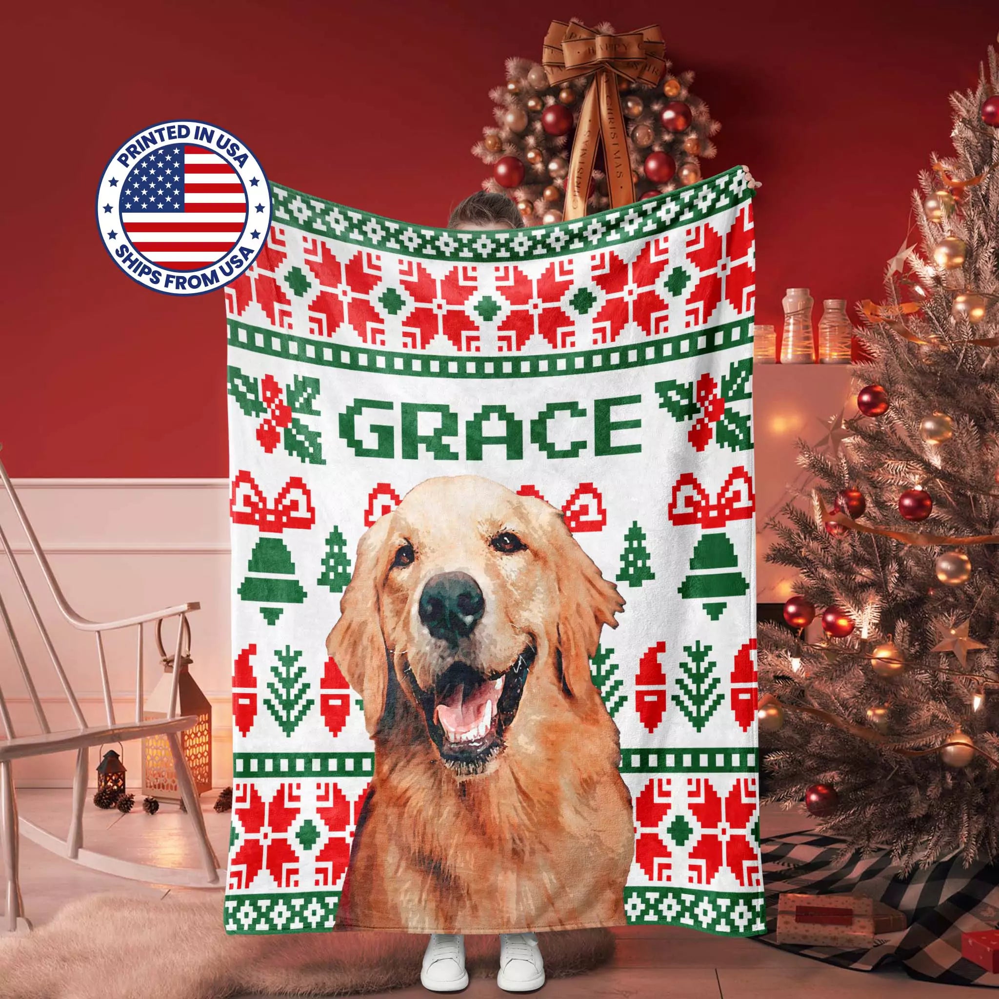 Christmas ugly sweater custom dog blanket on a Christmas-themed blanket with 'GRACE' printed on it, in a festive room.