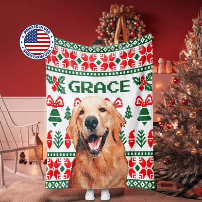 Christmas Ugly Sweater Custom Photo Dog Blanket with Golden Retriever - FromPhotoToPainting