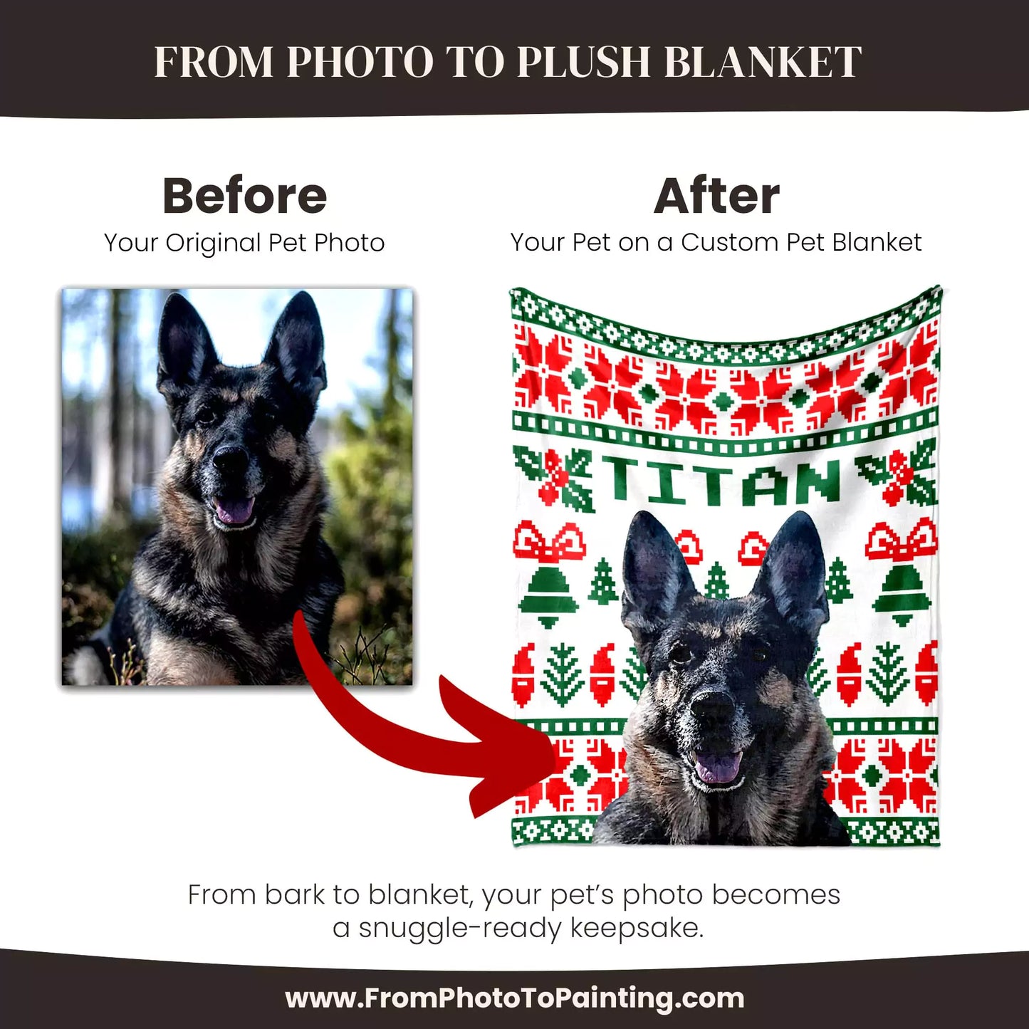 Christmas Ugly Sweater Custom Portrait Dog Blanket with German Shepherd - FromPhotoToPainting