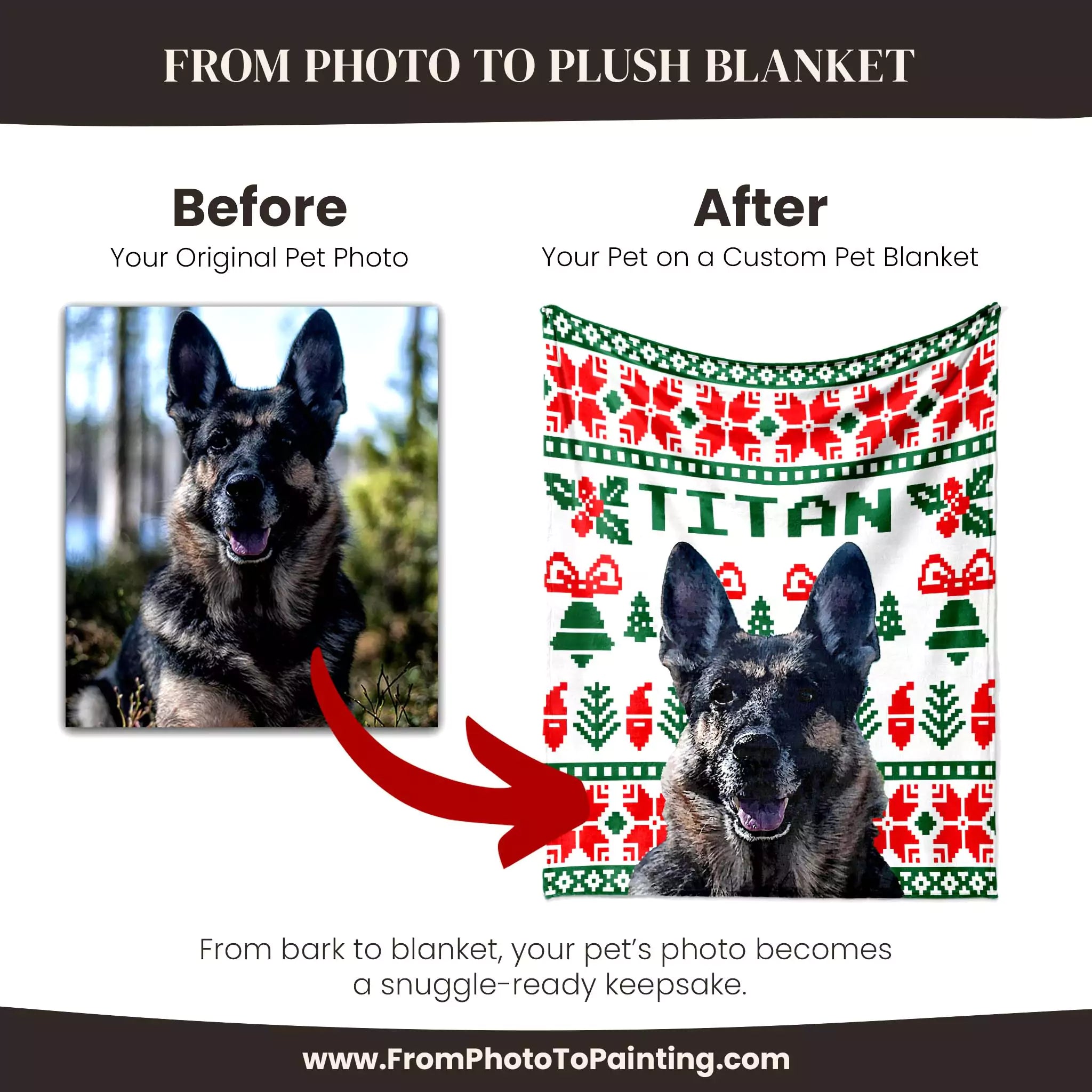 Before and after comparison of a German Shepherd with a custom dog blanket featuring the name 'Titan'.