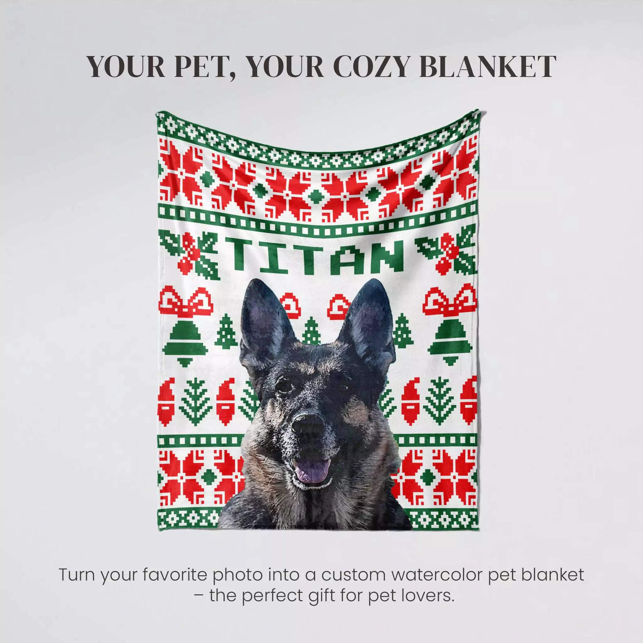 Dog with a custom watercolor dog blanket featuring a pattern and the name 'Titan' on a light gray background.