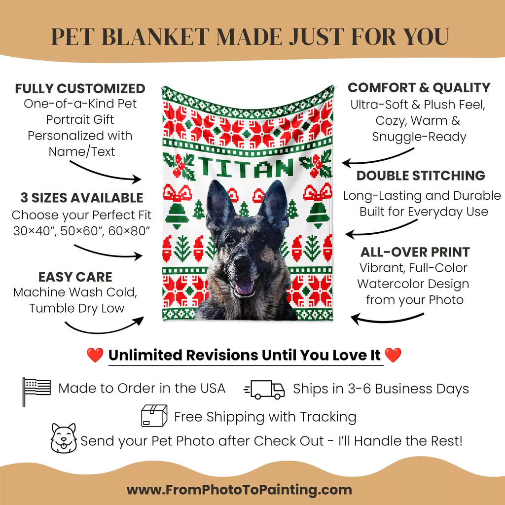 Pet blanket with a dog's face on it, featuring customization options and product details.