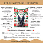 Pet blanket with a dog's face on it, featuring customization options and product details.