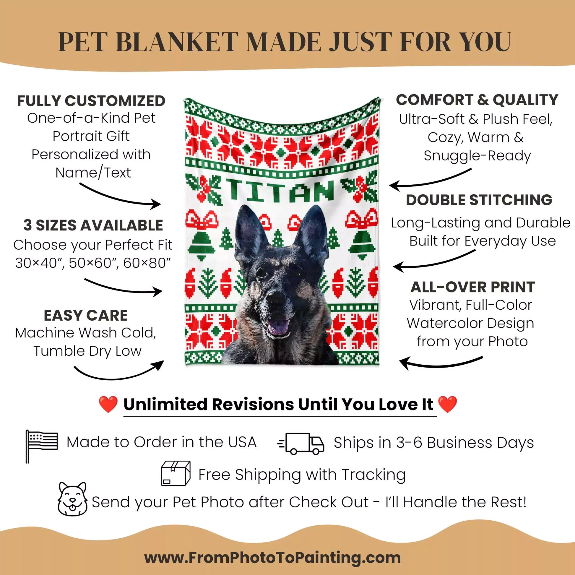 Christmas Ugly Sweater Custom Portrait Dog Blanket with German Shepherd - FromPhotoToPainting