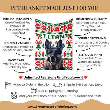 Christmas Ugly Sweater Custom Portrait Dog Blanket with German Shepherd - FromPhotoToPainting