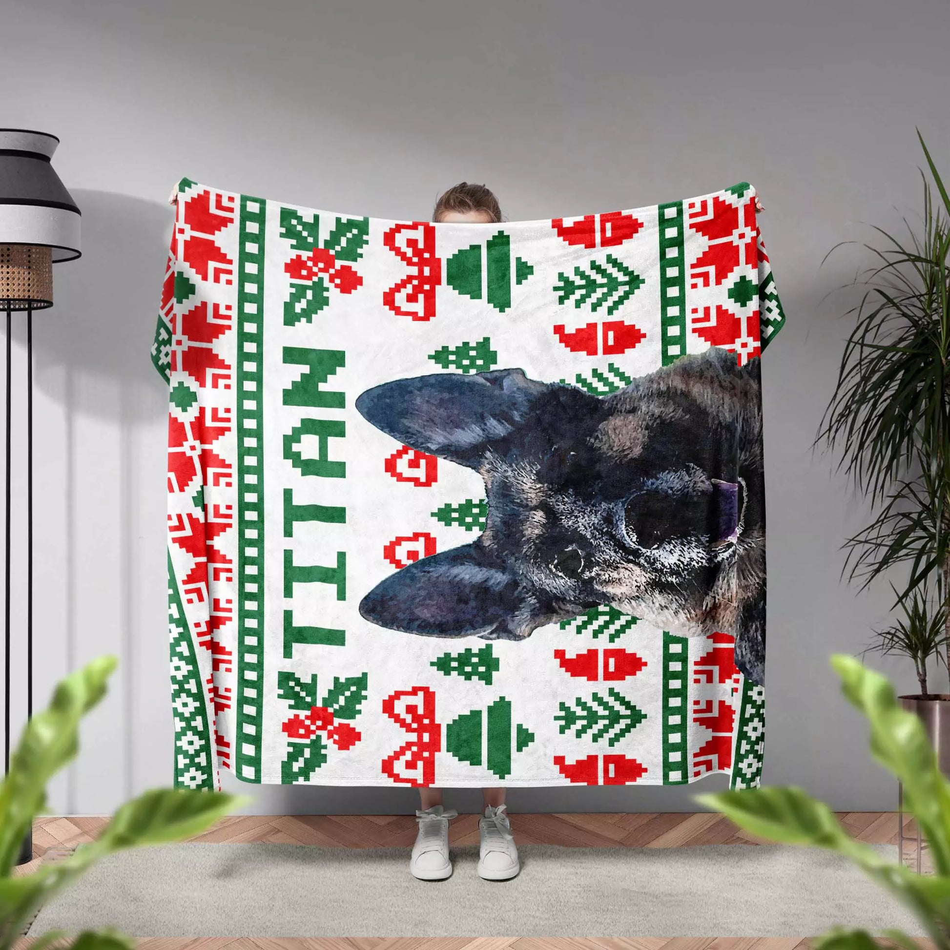 Christmas Ugly Sweater Custom Portrait Dog Blanket with German Shepherd - FromPhotoToPainting