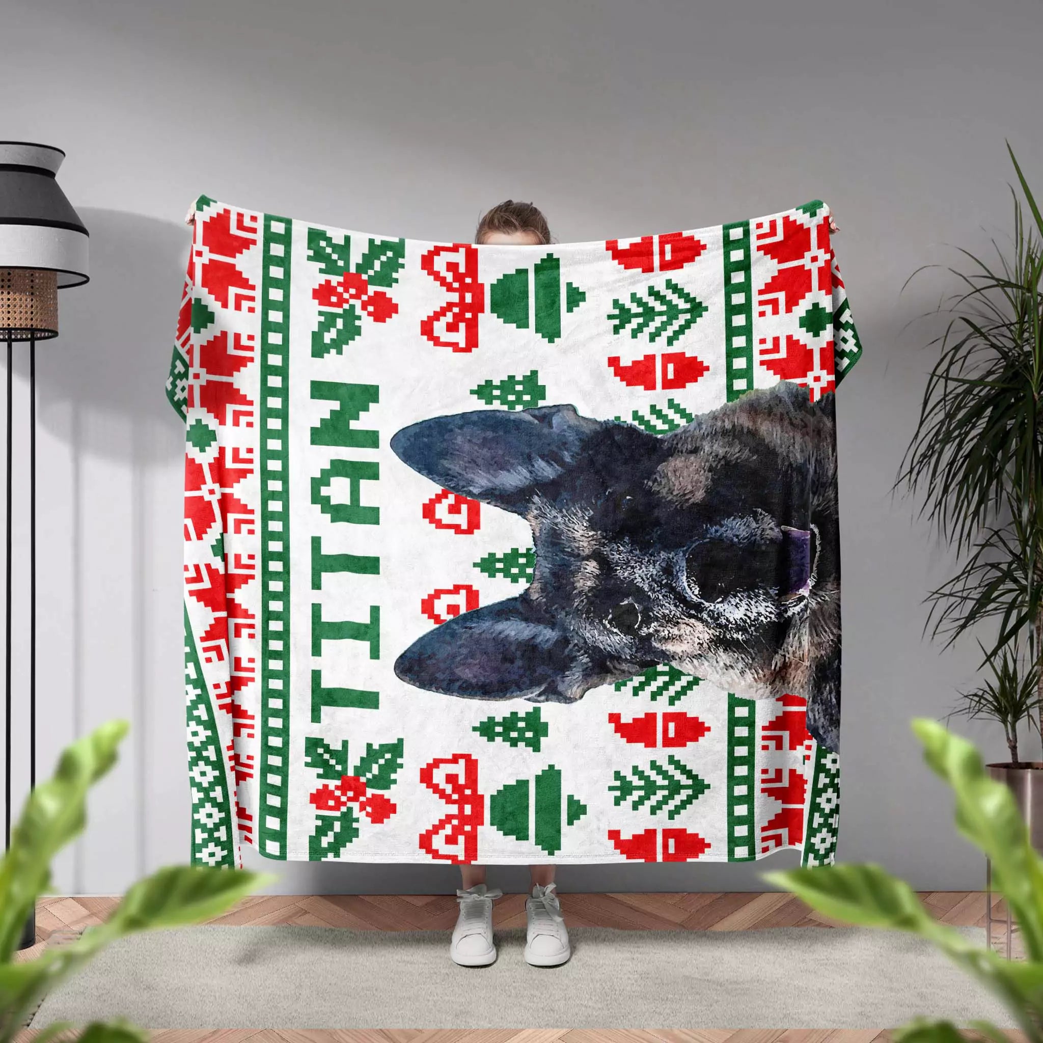 Person holding a dog blanket with a dog design and 'Titan' text in a room with plants and a lamp.