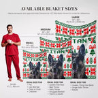 Custom portrait dog blanket with size chart and dog models on a white background