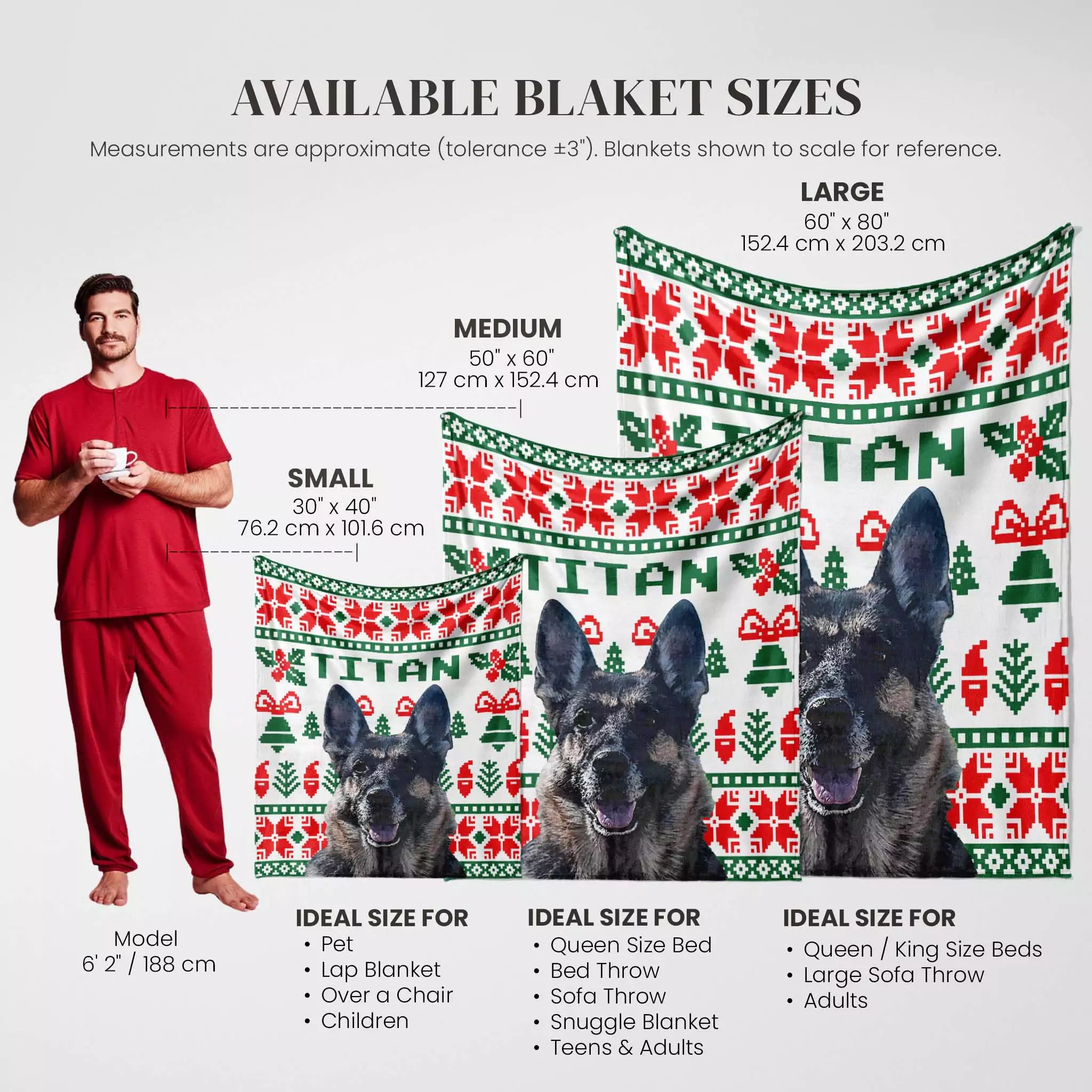 Custom portrait dog blanket with size chart and dog models on a white background