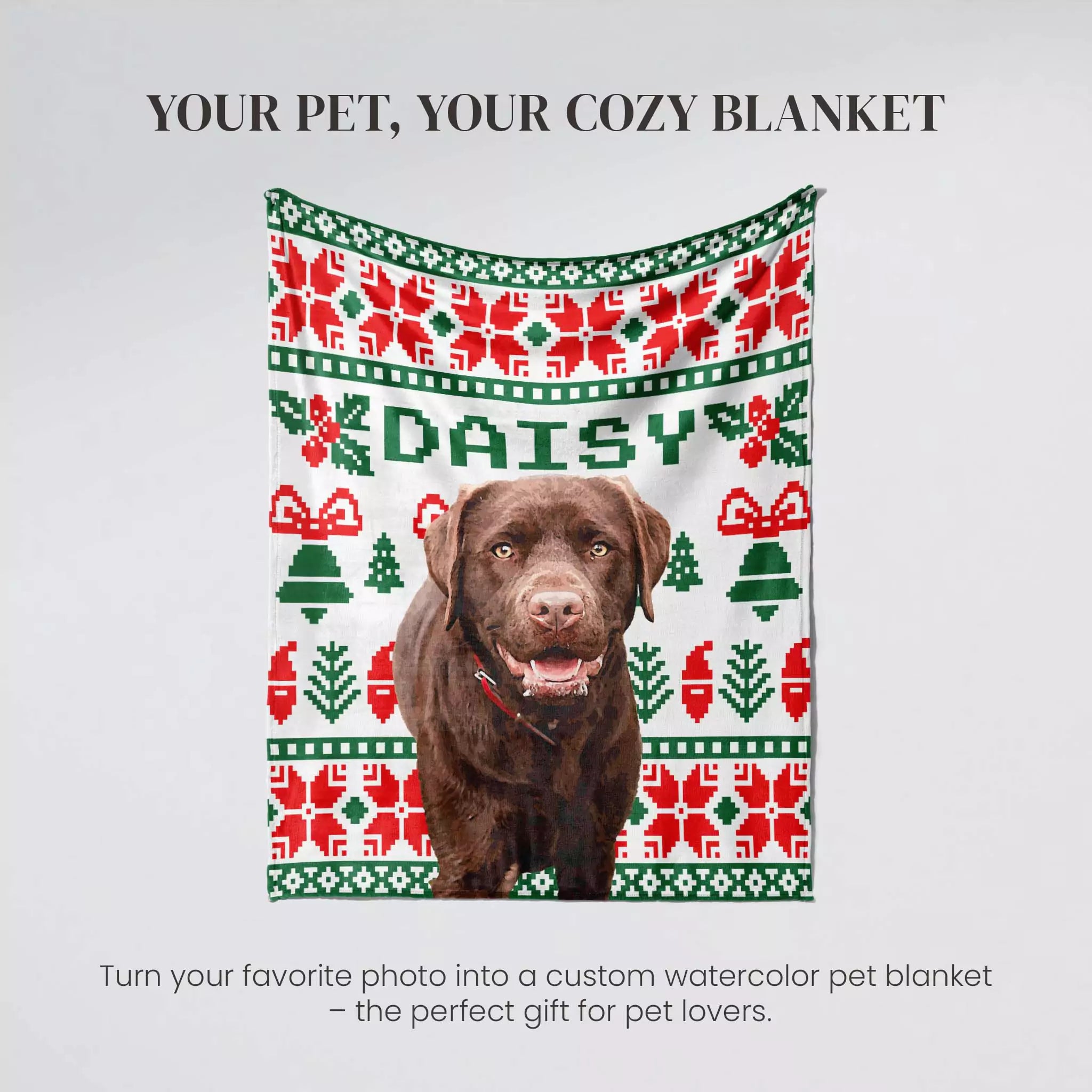 Custom watercolor pet blanket with a dog's photo and 'DAISY' text on a gray background.
