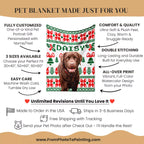Pet blanket with a dog's name printed on it, featuring customization options and product details.