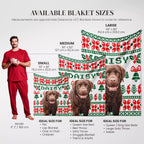 Brown Labrador dog blankets in various sizes with a person and dogs for scale on a white background