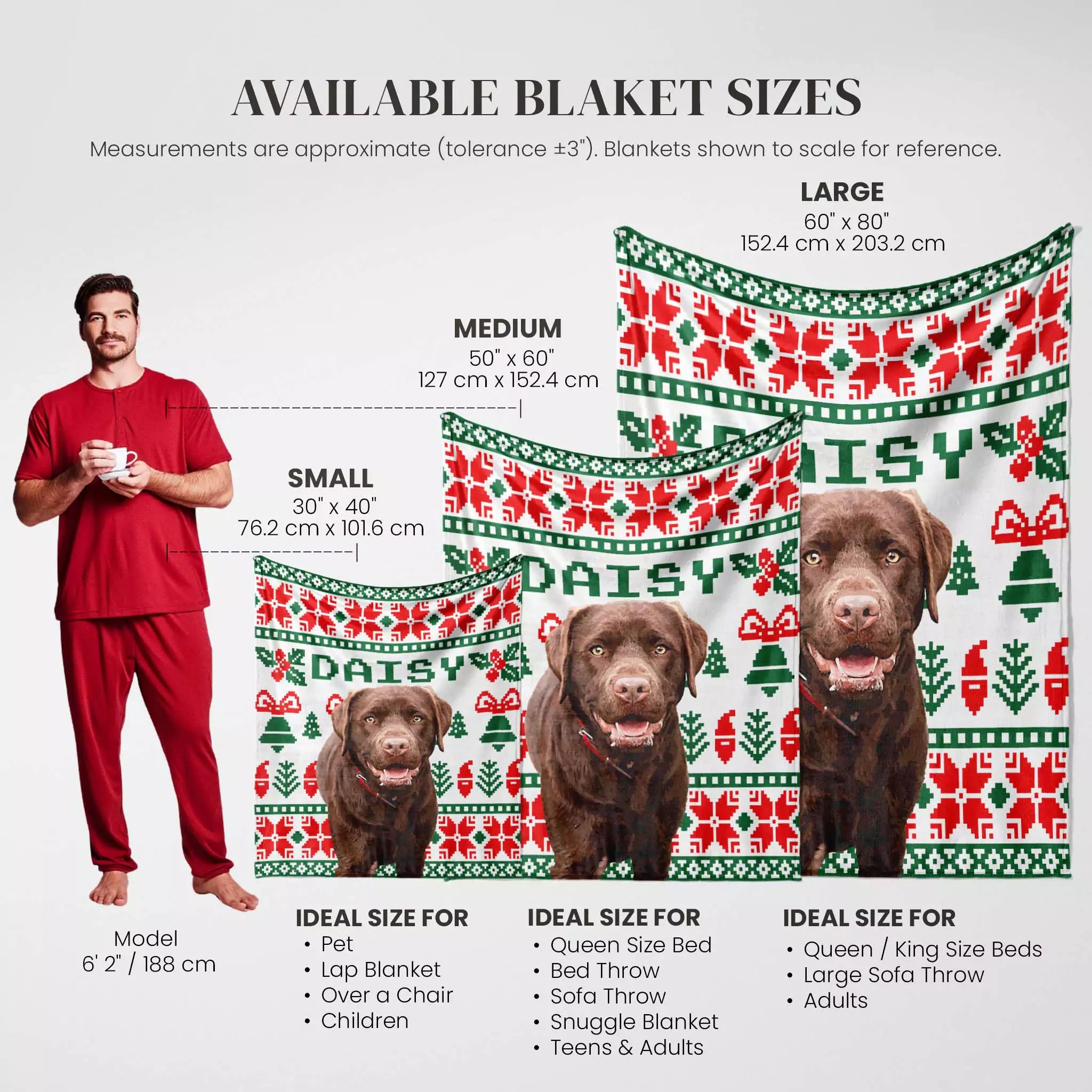 Brown Labrador dog blankets in various sizes with a person and dogs for scale on a white background