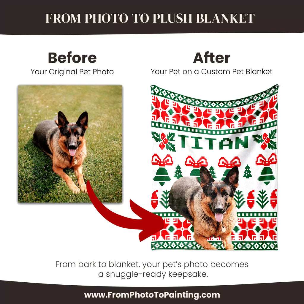 Before and after comparison of a German Shepherd on a custom dog blanket with 'TITAN' printed on it.