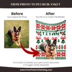 Before and after comparison of a German Shepherd on a custom dog blanket with 'TITAN' printed on it.