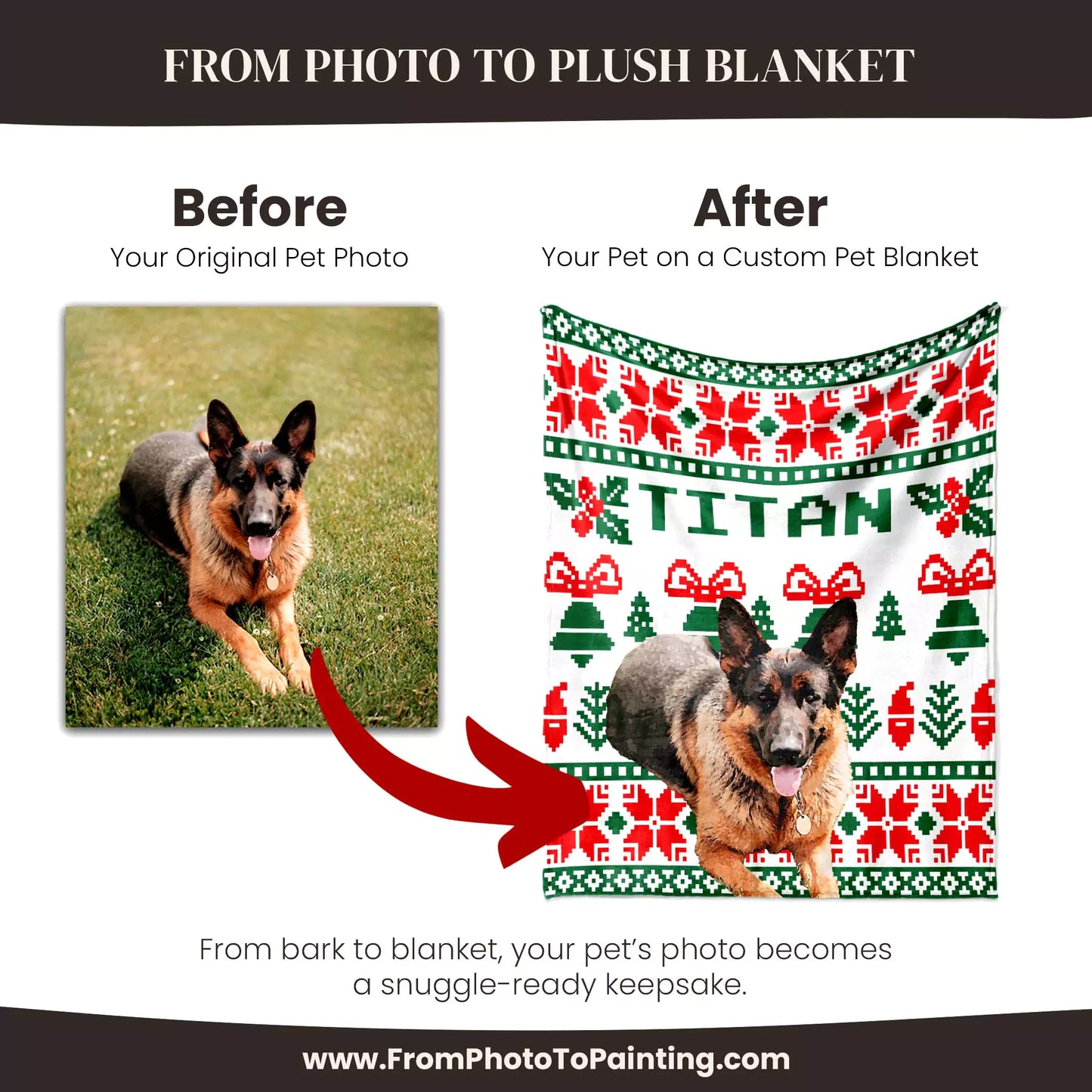 Christmas Ugly Sweater Customizable Dog Blanket with German Shepherd - FromPhotoToPainting