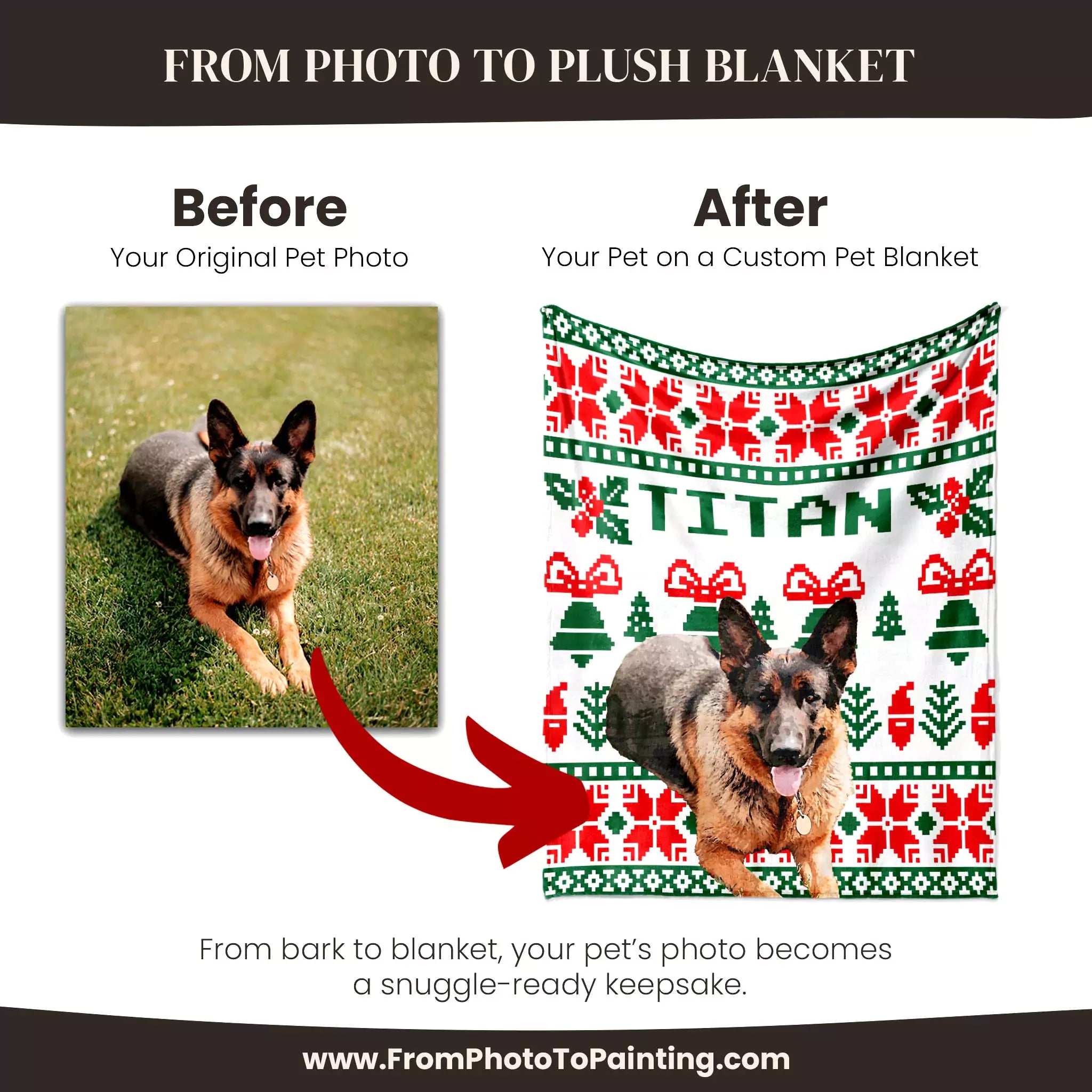 Before and after comparison of a German Shepherd on a custom dog blanket with 'TITAN' printed on it.