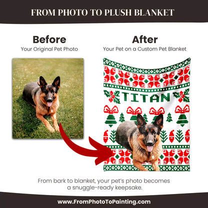 Christmas Ugly Sweater Customizable Dog Blanket with German Shepherd - FromPhotoToPainting