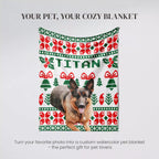 Personalized pet blanket with a dog's photo and 'Titan' text on a Christmas ugly sweater pattern.