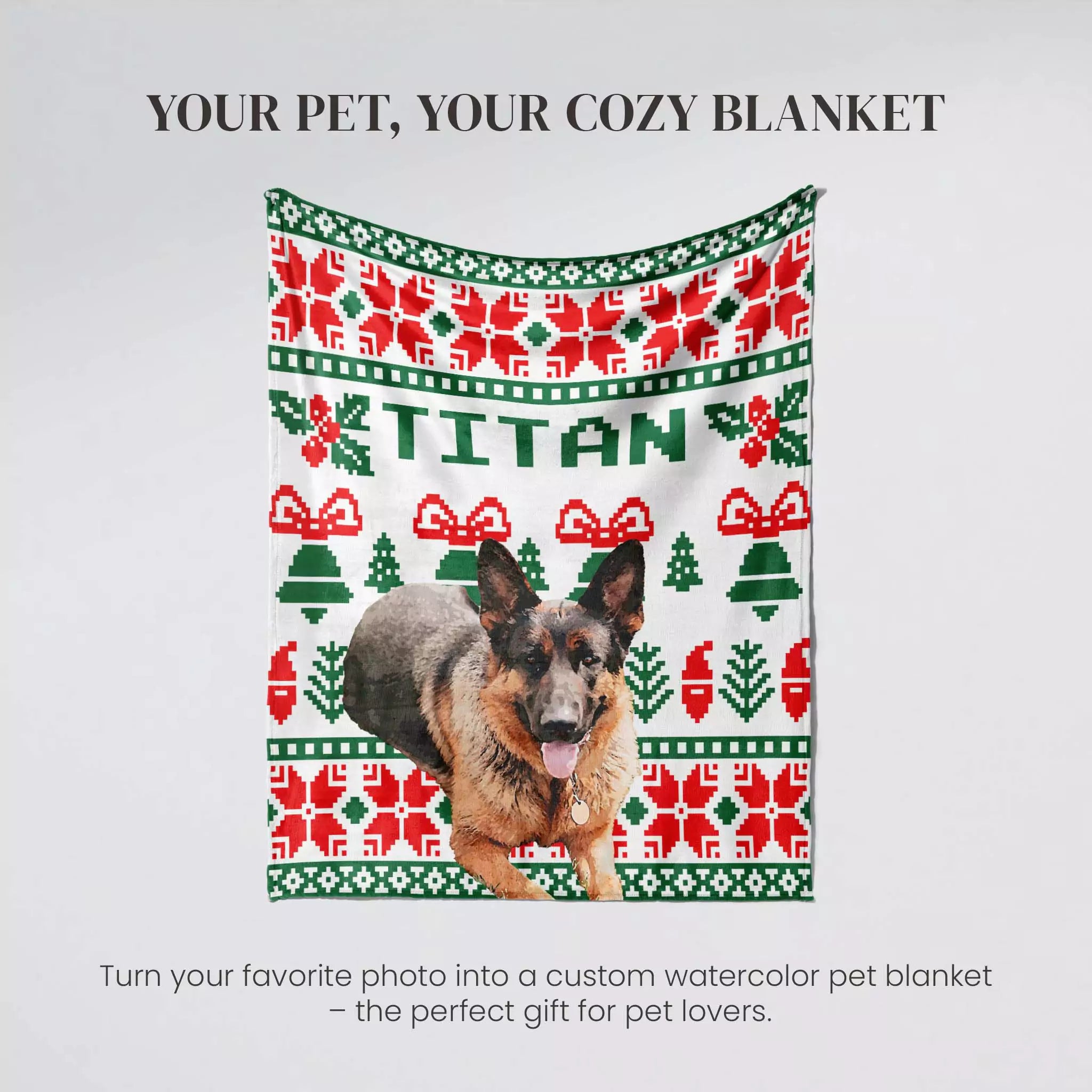 Personalized pet blanket with a dog's photo and 'Titan' text on a Christmas ugly sweater pattern.