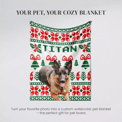 Christmas Ugly Sweater Customizable Dog Blanket with German Shepherd - FromPhotoToPainting