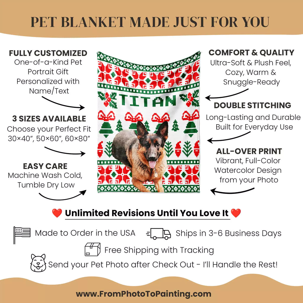 Pet blanket with a dog design and customization information on a beige background