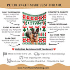 Pet blanket with a dog design and customization information on a beige background