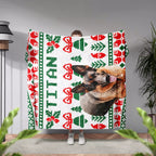 Person holding a festive dog blanket with a dog's face printed on it, featuring red and green patterns.