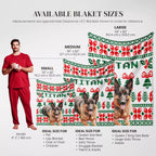 Dog blanket size chart with a person and dog illustrations, showing different blanket sizes and their ideal uses.