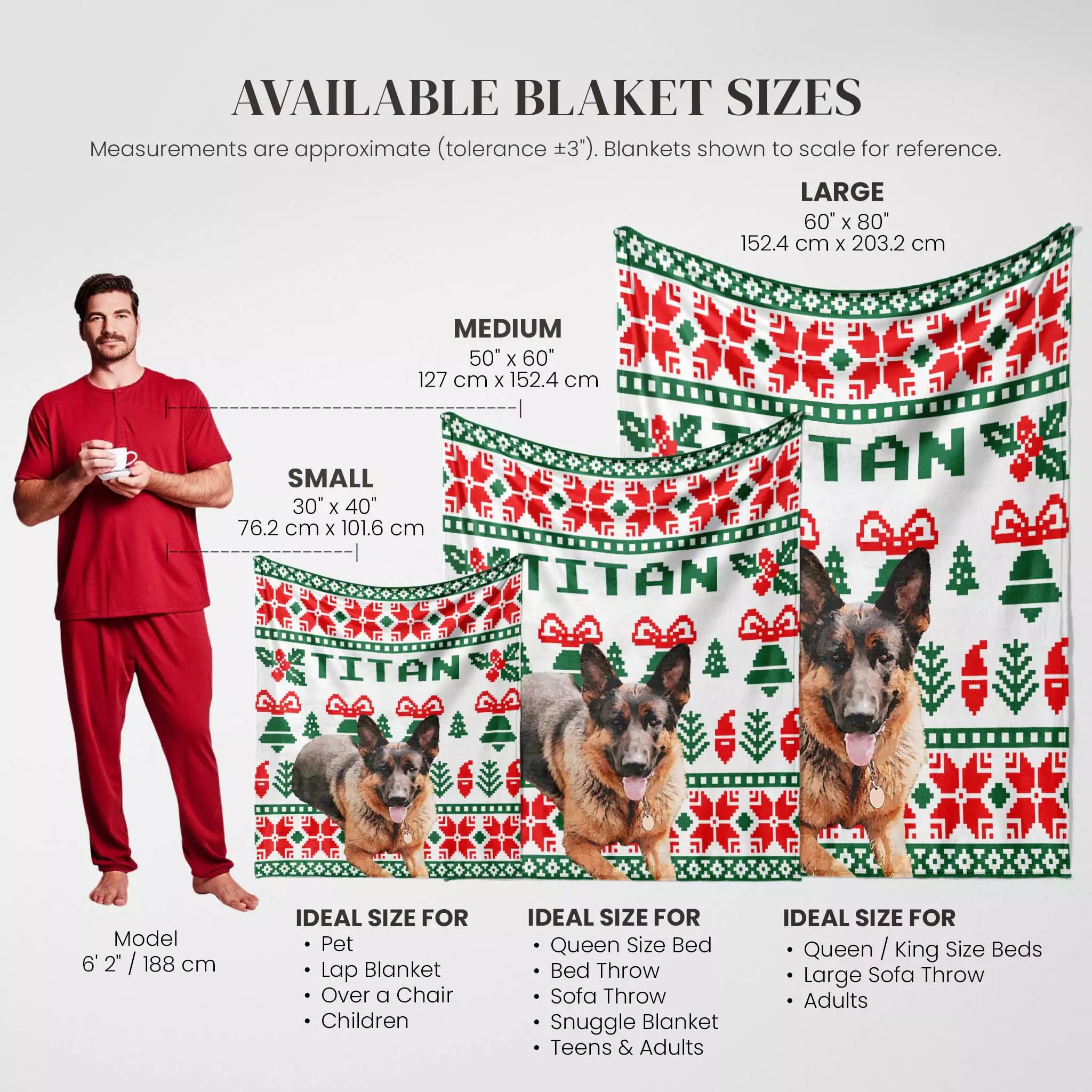 Dog blanket size chart with a person and dog illustrations, showing different blanket sizes and their ideal uses.