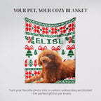 Custom watercolor Christmas Ugly Sweater Customized Dog Blanket with Poodle with a dog and Christmas-themed pattern, featuring the name 'Elise'.