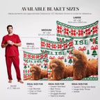Christmas Ugly Sweater Customized Dog Blanket with Poodle size chart with a man and dogs showing different blanket sizes.