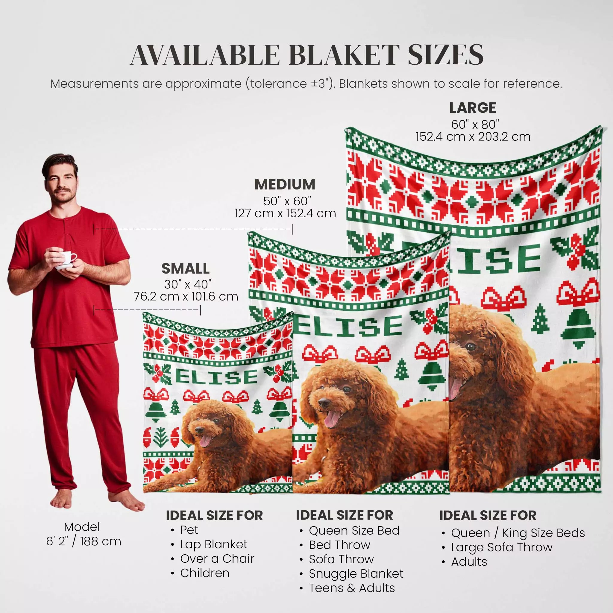 Christmas Ugly Sweater Customized Dog Blanket with Poodle size chart with a man and dogs showing different blanket sizes.