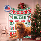 Christmas Ugly Sweater Customized Dog Blanket with Poodle with 'ELISE' printed on it, featuring Christmas patterns, in a room decorated for Christmas.