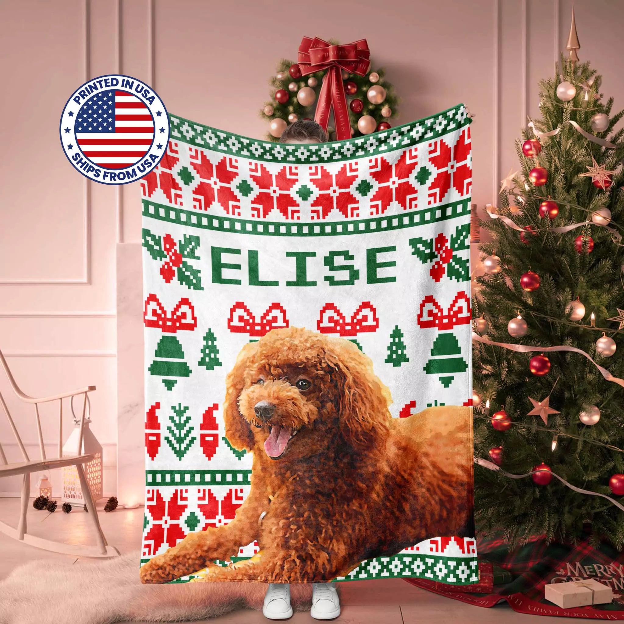 Christmas Ugly Sweater Customized Dog Blanket with Poodle with 'ELISE' printed on it, featuring Christmas patterns, in a room decorated for Christmas.