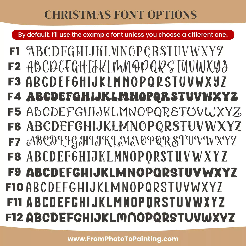 Collection of Christmas font options with a beige border and text at the top.