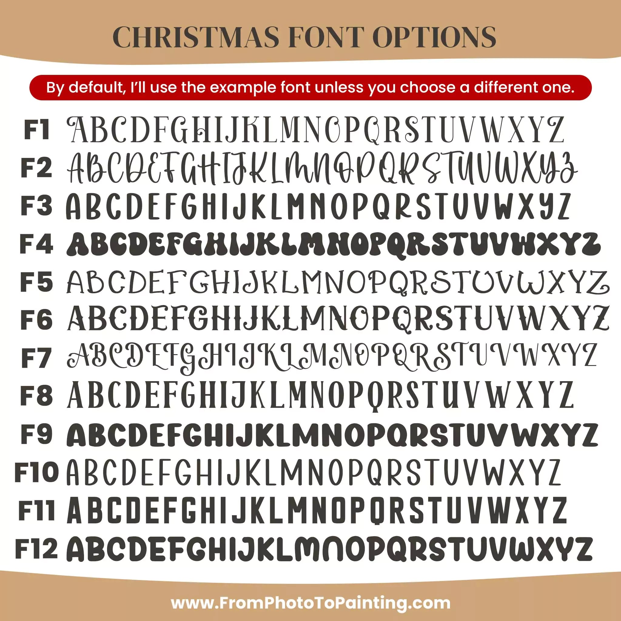 Collection of Christmas font options with a beige border and text at the top.