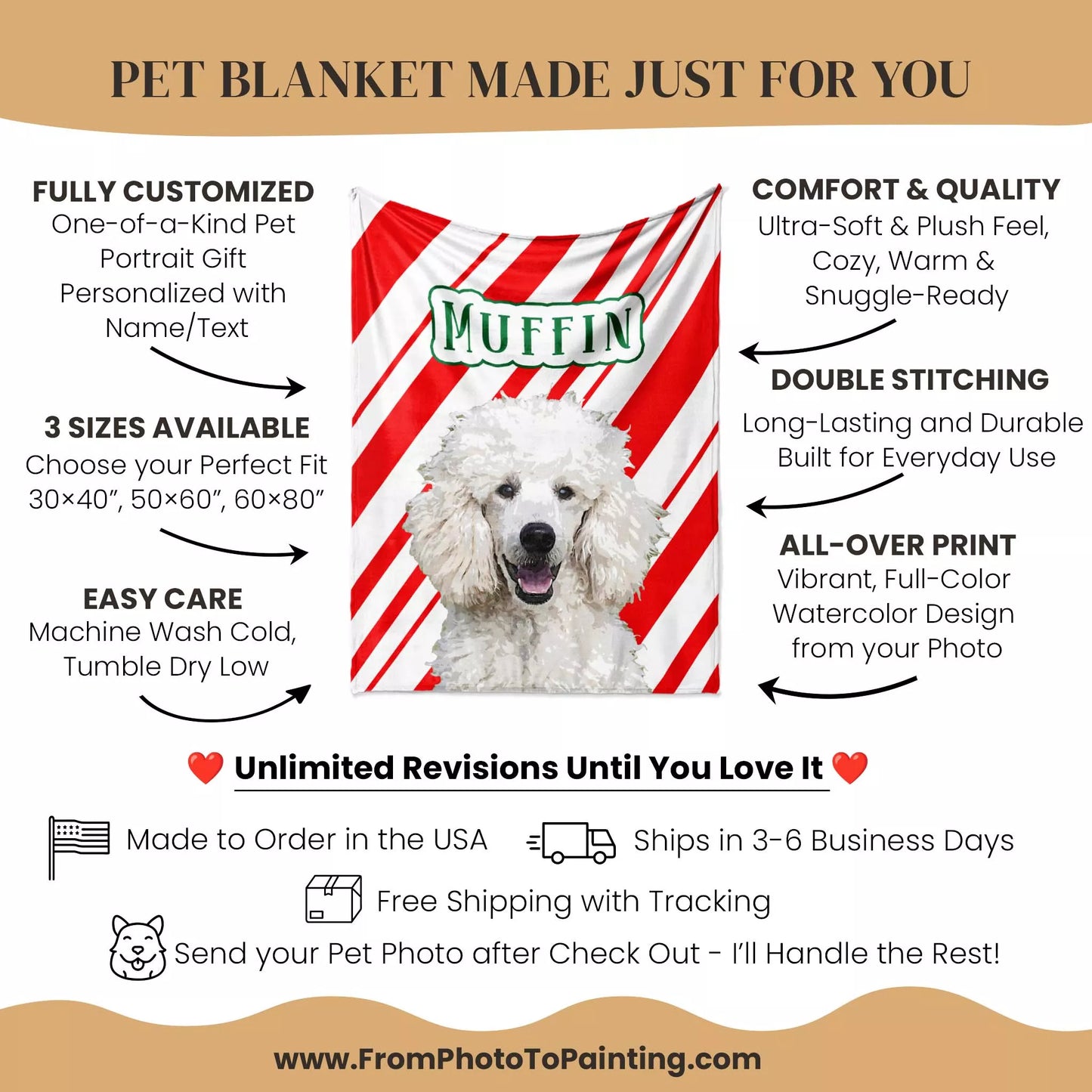 Custom Christmas Dog Blanket for Poodle Dog - FromPhotoToPainting