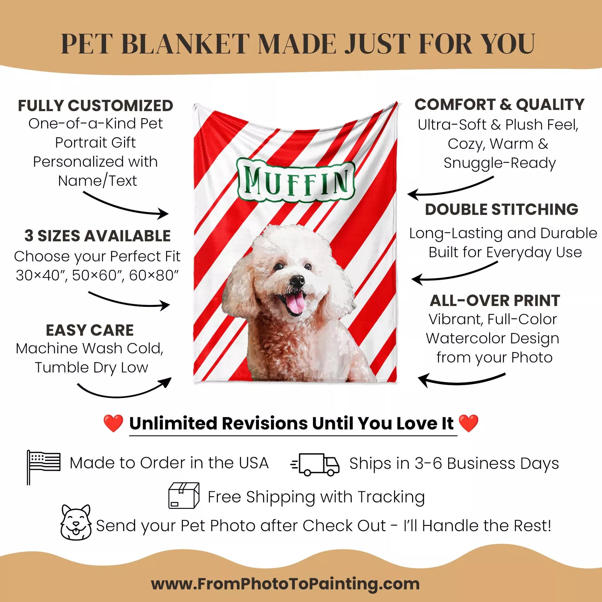Custom Christmas Dog Blanket for Poodle - FromPhotoToPainting
