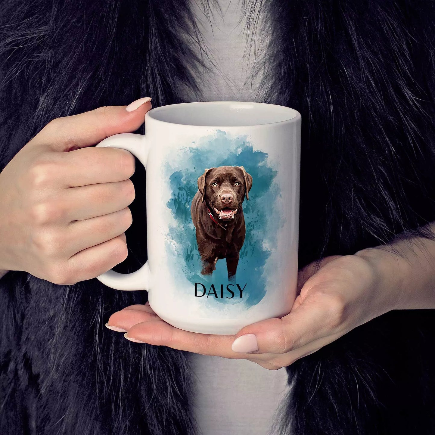 Custom Dog Mug in Blue with Brown Labrador - FromPhotoToPainting