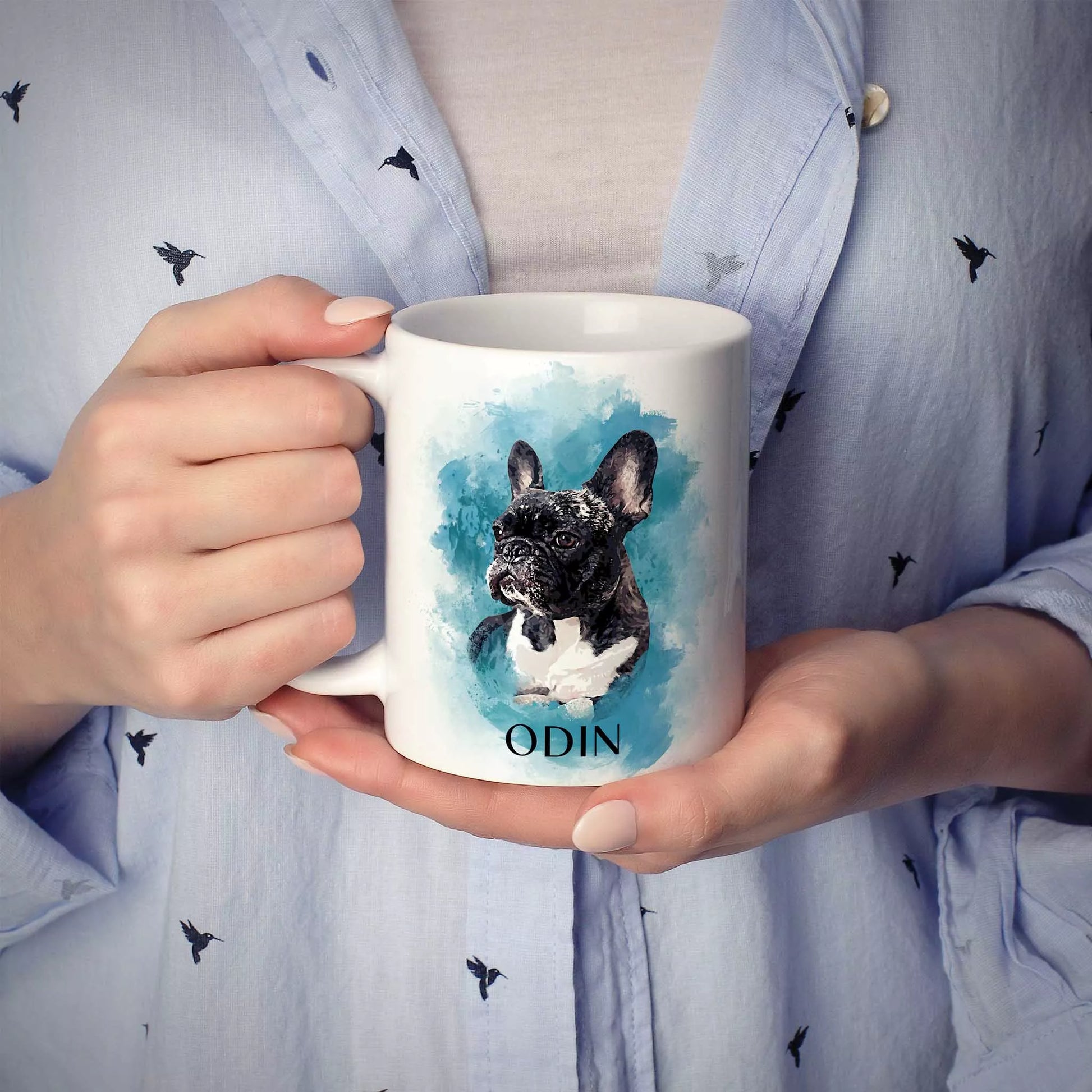 Custom Frenchie Mug in Blue with Photo & Name - FromPhotoToPainting