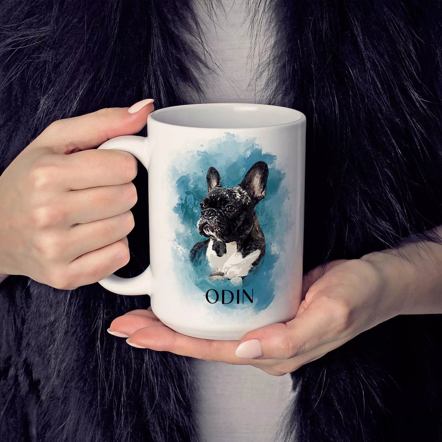 Custom Frenchie Mug in Blue with Photo & Name - FromPhotoToPainting