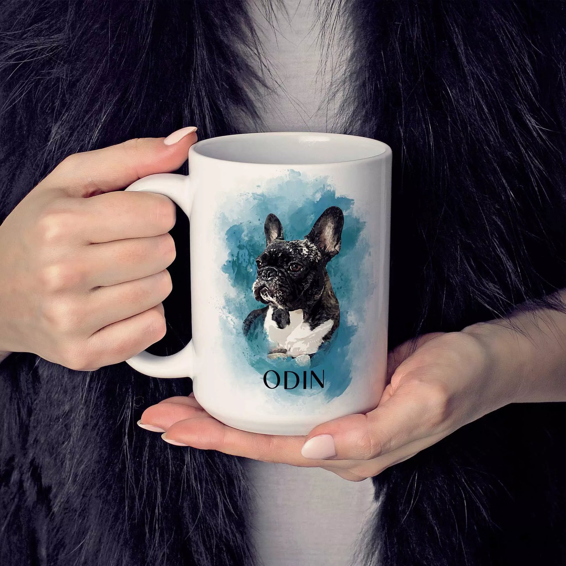 Custom Frenchie Mug in Blue with Photo & Name - FromPhotoToPainting